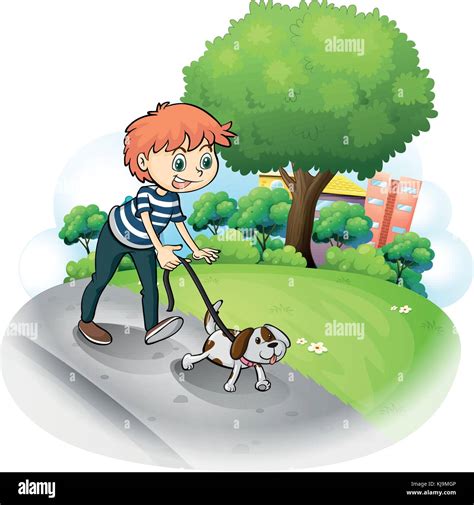 Illustration of a boy walking with his dog along the street on a Stock Vector Art & Illustration ...