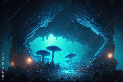 4K Desktop Wallpaper of glowing mushrooms, cave, blue Stock Illustration | Adobe Stock