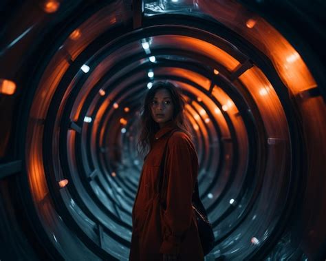 Premium AI Image | a woman in an orange coat standing in a tunnel