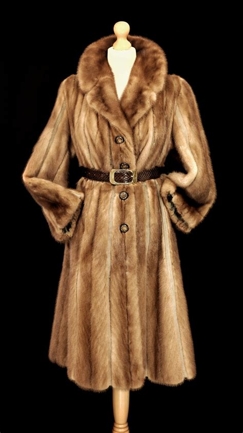 Vintage long mink pastel/light brown real fur coat with back belt and pretty buttons | Vintage ...