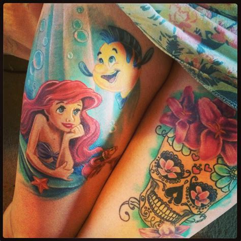 My tattoo, the little mermaid Disney tattoo ariel flounder Sebastian sugar skull candy skull ...