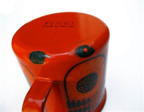 60s Vintage Finel Finland Enamelware Mug Orange Red Quail