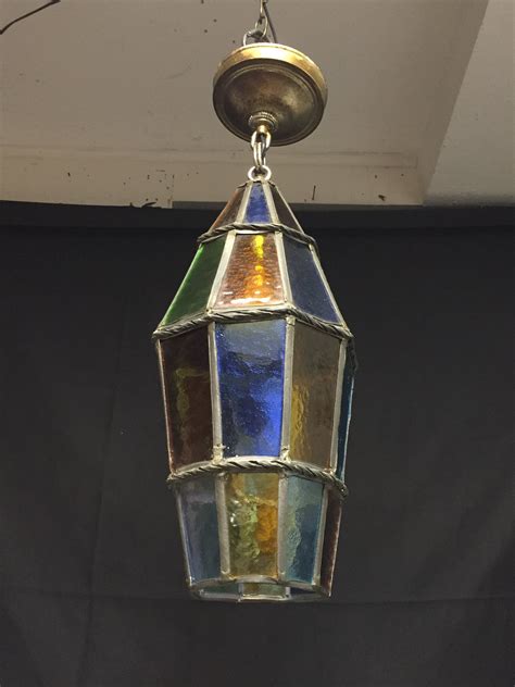A UNIQUE Antique Stained Leaded Glass Pendant Light, Foyer Entry ...