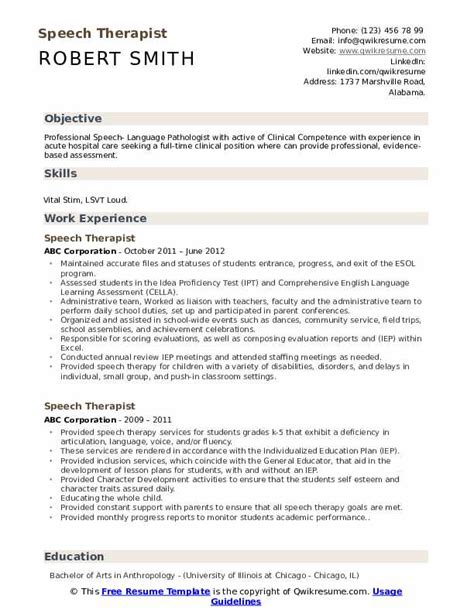 Speech Therapist Resume Samples | QwikResume