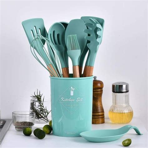 9/10/12PCS Non-stick Wooden Handle Silicone Cooking Utensils With ...