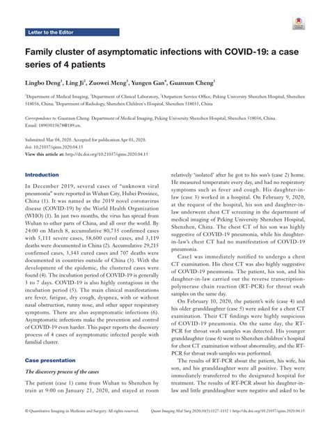 (PDF) Family cluster of asymptomatic infections with COVID-19: A case series of 4 patients