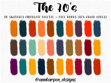 The 70's Retro Procreate Palette, 30 HEX Color Codes, Instant Digital Download, iPad Pro Art ...