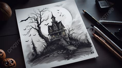 Spooky House Drawing By An Artist Sitting On A Table Background, Spooky Picture To Draw ...