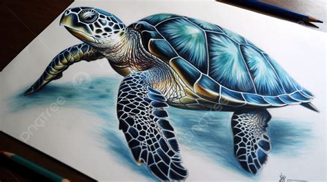 Colored Pencil Drawing Of Sea Turtle In Blue Background, Sea Turtle ...