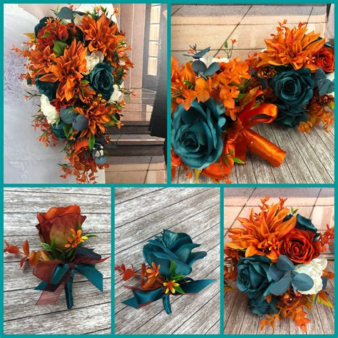 Artificial Rust and Teal Bridal Flowers Orange and Teal - Etsy UK