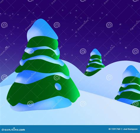 A Snowy Christmas Scene With Christmas Trees And Stars Stock Photo ...