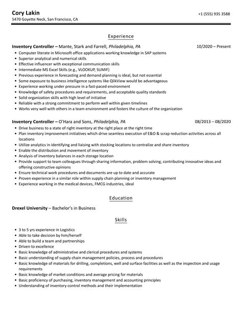 Inventory Controller Resume Samples | Velvet Jobs