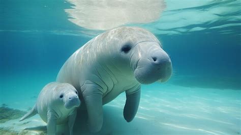 Premium AI Image | Mother Dugong Teaches Baby Dugong to Swim