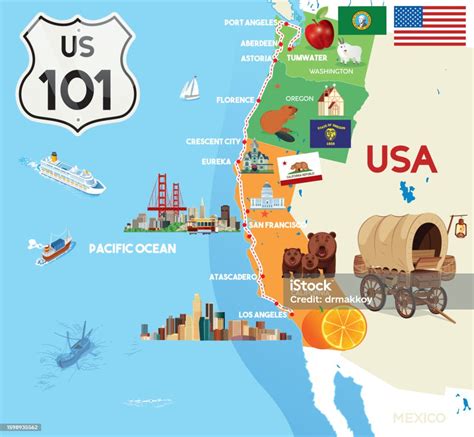 Highway 101 Us Route Map Poster Stock Illustration - Download Image Now - Aberdeen - Washington ...