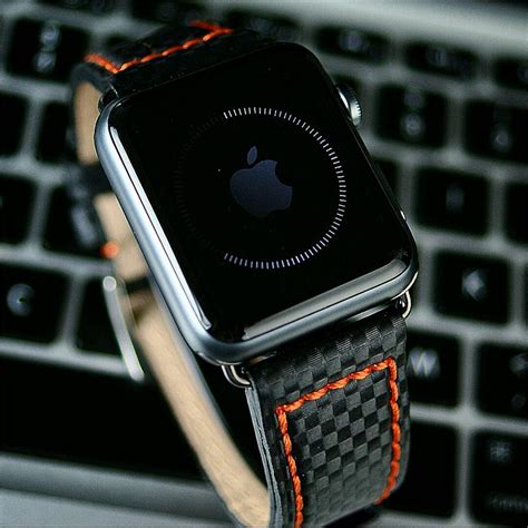 Apple Watch Band - Stainless Steel - Black Carbon Fiber Orange Stitch