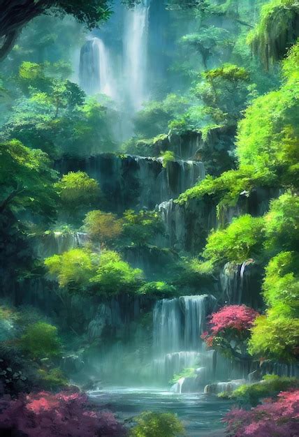 Premium Photo | Waterfall in the forest jungle can be use for as a anime background or game ...