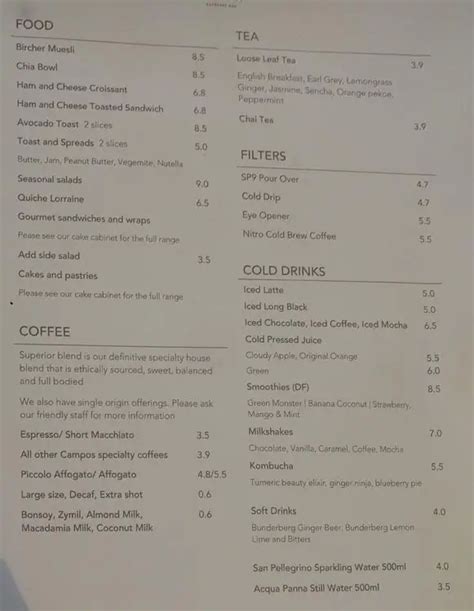 Menu at Campos Coffee cafe, Newstead, Gasworks Plaza