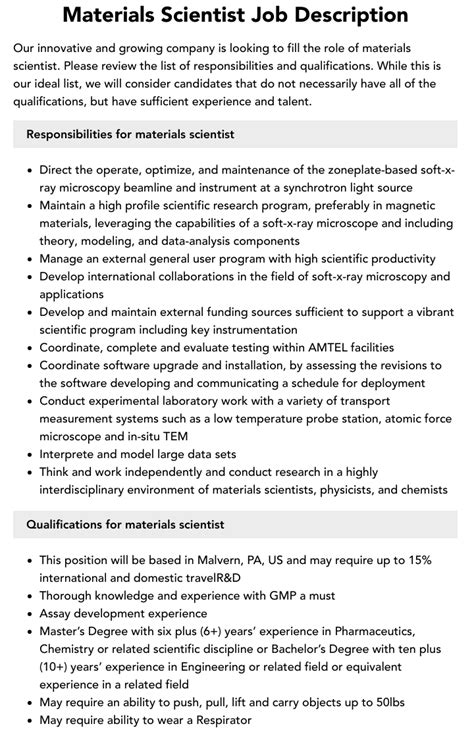 Materials Scientist Job Description | Velvet Jobs