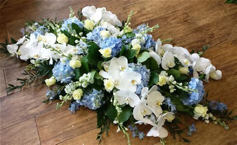 Luxury Double Ended Casket Spray White Orchid Blue Hydrangea