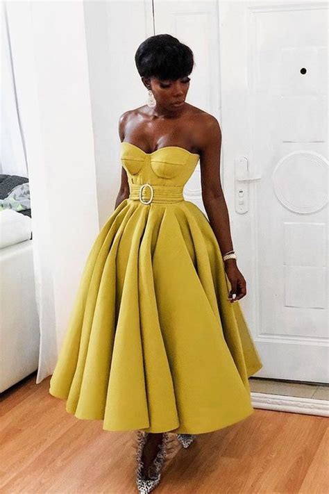 Tea Length Mustard Yellow Prom Dresses from Wedding in 2021 | Wedding ...