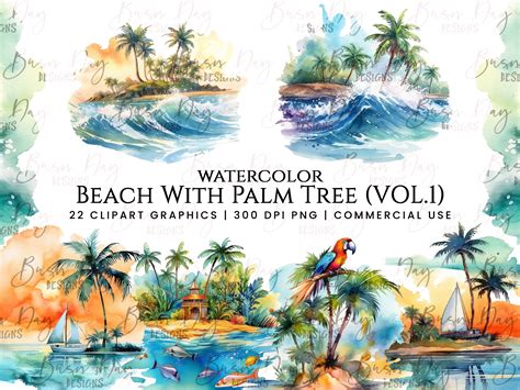 Watercolor Beach with Palm Tree (Vol.1) Graphic by busydaydesign · Creative Fabrica