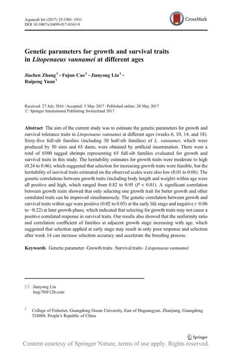 Genetic parameters for growth and survival traits in Litopenaeus ...