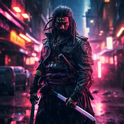 Premium AI Image | shot of samurai Cyberpunk samurai surrounded by city neon lighting