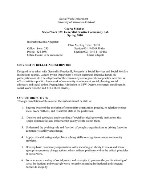 Social Work Department University of Wisconsin Oshkosh Course Syllabus