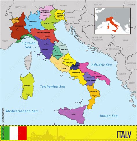 Map of Italy with regions and their capitals Stock Vector | Adobe Stock