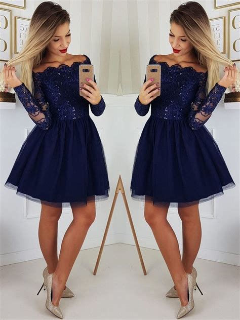 Off the Shoulder Long Sleeves Lace Navy Blue Short Prom Dresses Homeco – abcprom