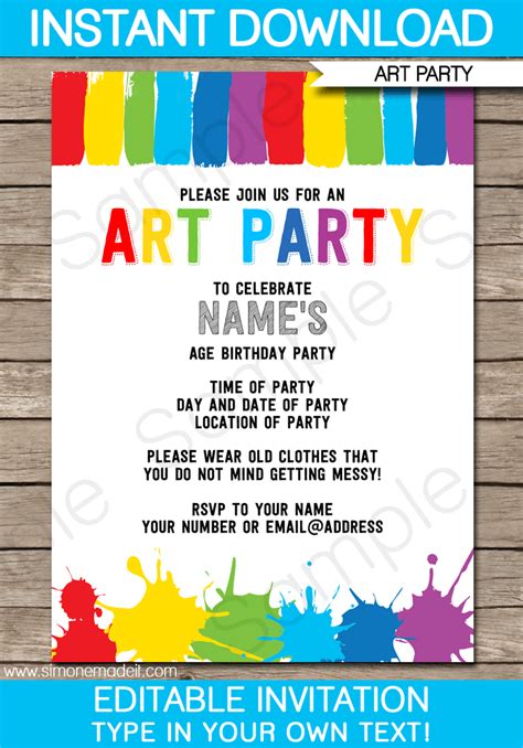 Art Party Invitations | Paint Party | Template