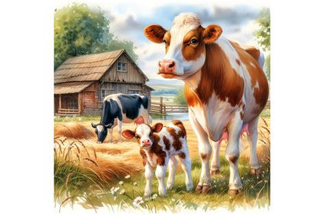 Cows and Their Baby in an Idyllic Farm By dianaxstoyanova | TheHungryJPEG