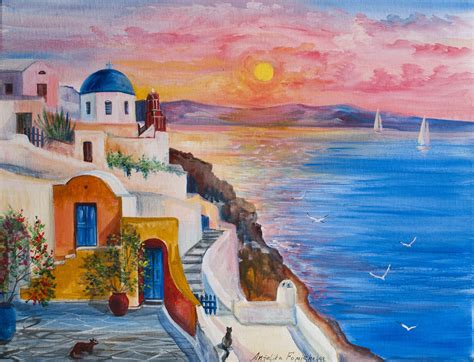 Greece Original Wall Art Santorini Greece Seaside Painting on Canvas Travel Gift - Etsy | Greece ...