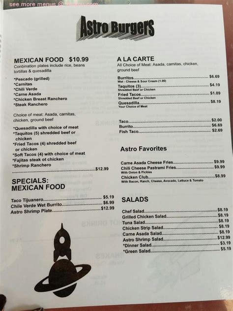 Menu at Astro Burger restaurant, USA