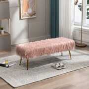 Rent to own Upholstered Long Bench, Pink Faux Fur Fluffy Bench, End of Bed Plush Bench with Gold ...