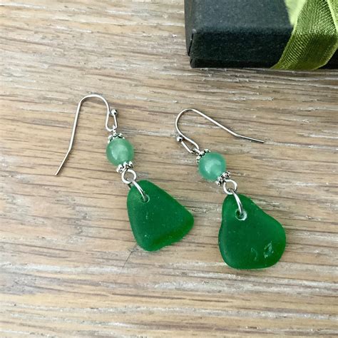 Natural green sea glass earrings, jade earrings, English beach glass jewellery, sea glass from ...