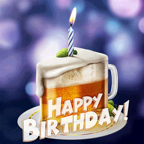 Funny animated birthday card for him. Beer Cake with a candle ...