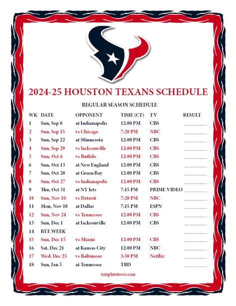 Printable 2024-2025 Houston Texans Schedule