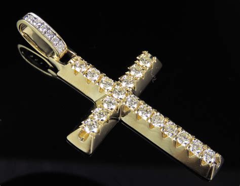 Men's 14K Yellow Gold Real Diamond 1 Row Cross Pendant Charm 1 3/4 CT 2" 605963314999 | eBay