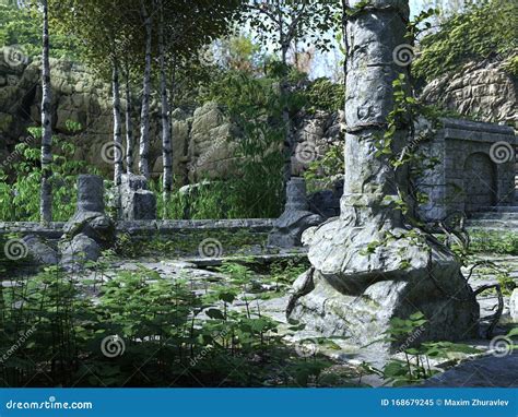 Abandoned Temple Ruins in the Forest 3D Illustration Stock Illustration ...