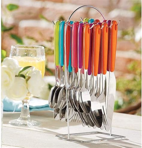 24 Piece Colourful Plastic Handle Bistro Cutlery Set with Hanging Stand: Amazon.co.uk: Kitchen ...