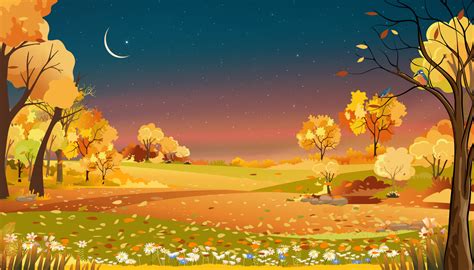 Autumn rural landscape farm fields and forest trees with orang ,blue sky sunset,Vector cartoon ...