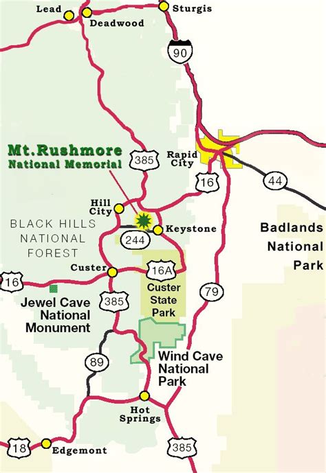 a map showing the location of mt rushmore national memorial park and surrounding areas in black ...