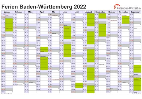 Ferien Baden-Württemberg 2022 - Ferienkalender zum Ausdrucken