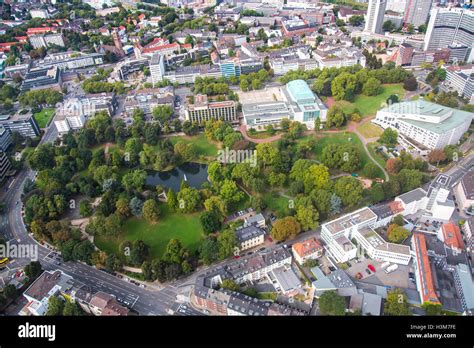 Areal shot of the city of Essen, Germany, city center, downtown area, city park, opera house ...