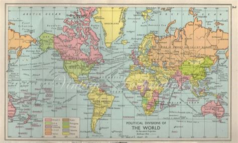 1960 Antique WORLD Map of the World 1960 atlas regions Map