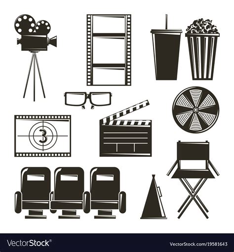 Cinema movie film equipment set icons Royalty Free Vector