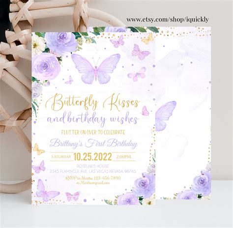 Editable Purple Butterfly Birthday Invitation Girl 1st - Etsy