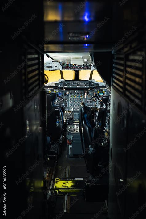 Cockpit of a jumbo jet. detailed view on jet cockpit. Cockpit of a 747 ...