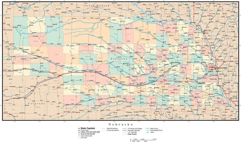 Nebraska Adobe Illustrator Map with Counties, Cities, County Seats ...